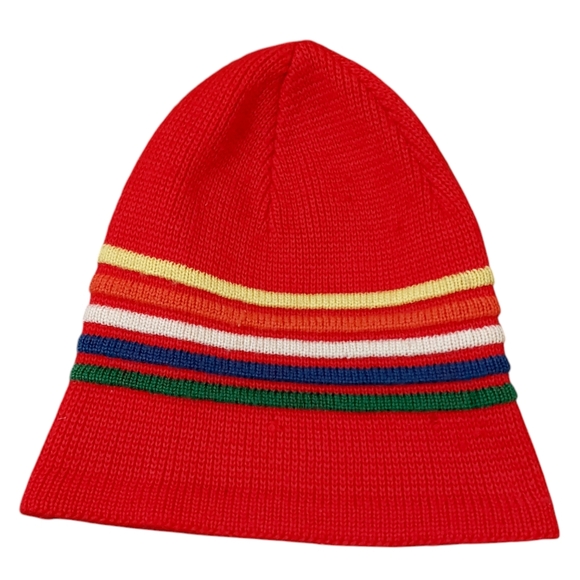 Vtg Wigwam 100% Pure Virgin Wool 90s Mens Red Colorful Striped Beanie - Picture 1 of 9